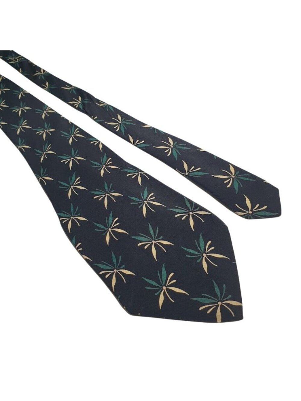 Robert Stewart Mens Silk Tie Navy Green Gold Floral Leaf Print Vintage Office
